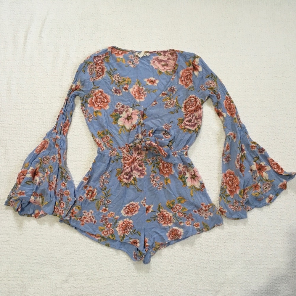 Billabong Long Bell Sleeve Romper Small Floral Lightweight V-Neck Surf Beach
